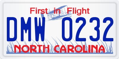 NC license plate DMW0232