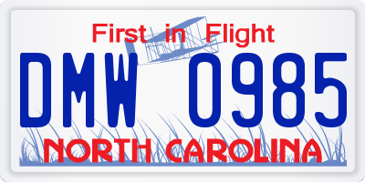 NC license plate DMW0985