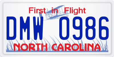 NC license plate DMW0986