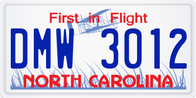 NC license plate DMW3012