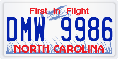 NC license plate DMW9986
