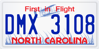 NC license plate DMX3108