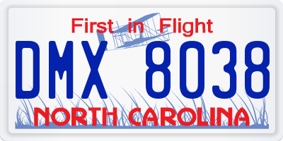 NC license plate DMX8038