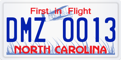 NC license plate DMZ0013