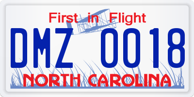 NC license plate DMZ0018