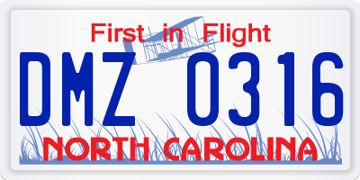 NC license plate DMZ0316