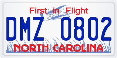 NC license plate DMZ0802