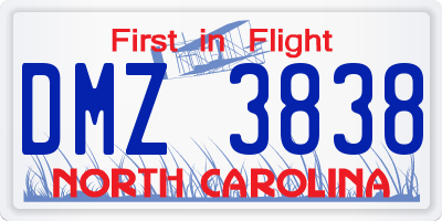 NC license plate DMZ3838