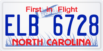 NC license plate ELB6728