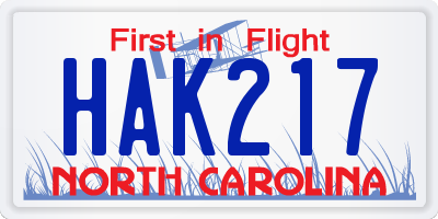 NC license plate HAK217