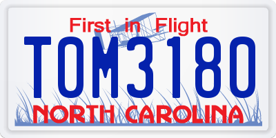 NC license plate T0M3180