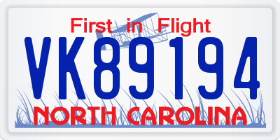 NC license plate VK89194