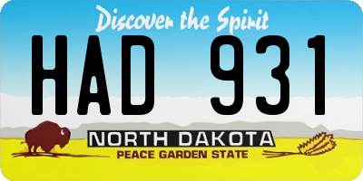 ND license plate HAD931