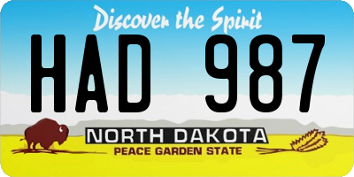 ND license plate HAD987