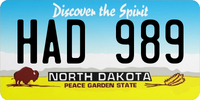 ND license plate HAD989