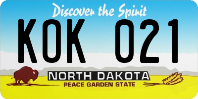 ND license plate KOK021