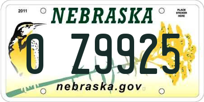 NE license plate 0Z9925