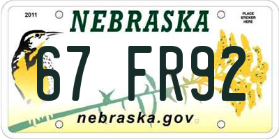 NE license plate 67FR92