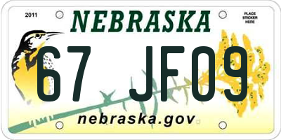 NE license plate 67JF09