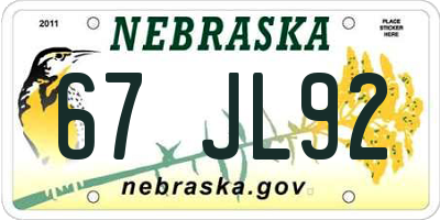 NE license plate 67JL92