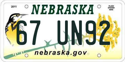 NE license plate 67UN92