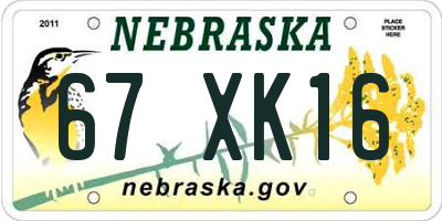 NE license plate 67XK16