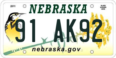 NE license plate 91AK92