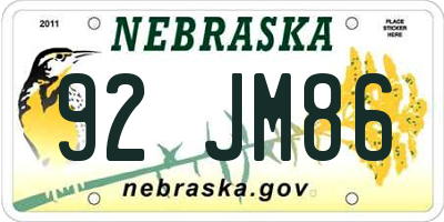 NE license plate 92JM86