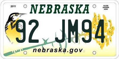 NE license plate 92JM94