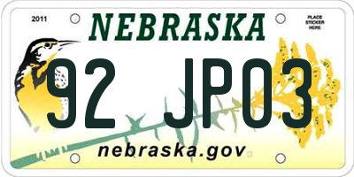 NE license plate 92JP03
