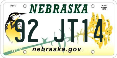 NE license plate 92JT14