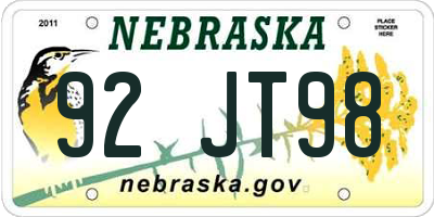 NE license plate 92JT98