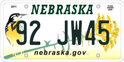 NE license plate 92JW45