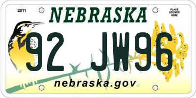 NE license plate 92JW96