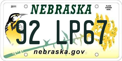 NE license plate 92LP67