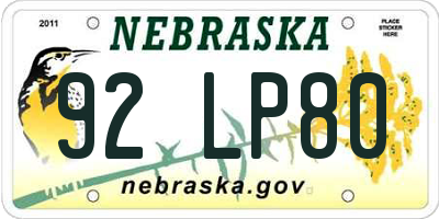 NE license plate 92LP80