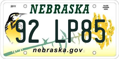 NE license plate 92LP85