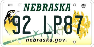 NE license plate 92LP87