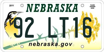 NE license plate 92LT16