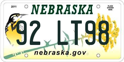 NE license plate 92LT98