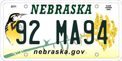 NE license plate 92MA94