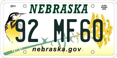 NE license plate 92MF60