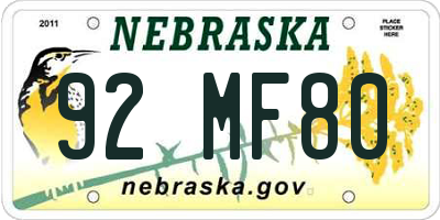 NE license plate 92MF80