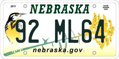 NE license plate 92ML64