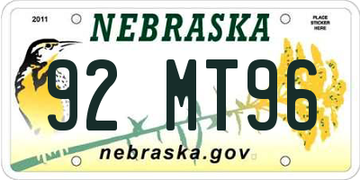 NE license plate 92MT96