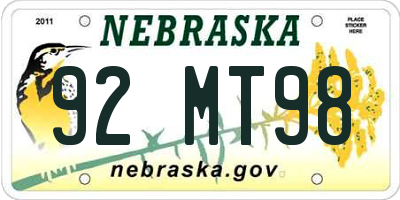 NE license plate 92MT98