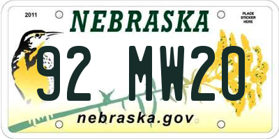 NE license plate 92MW20