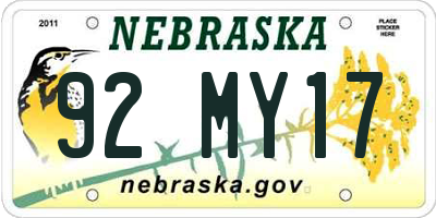 NE license plate 92MY17