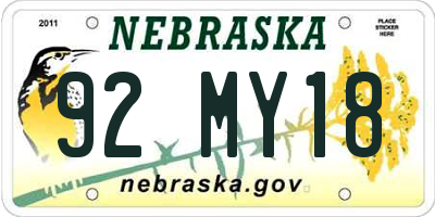 NE license plate 92MY18