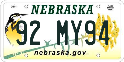 NE license plate 92MY94